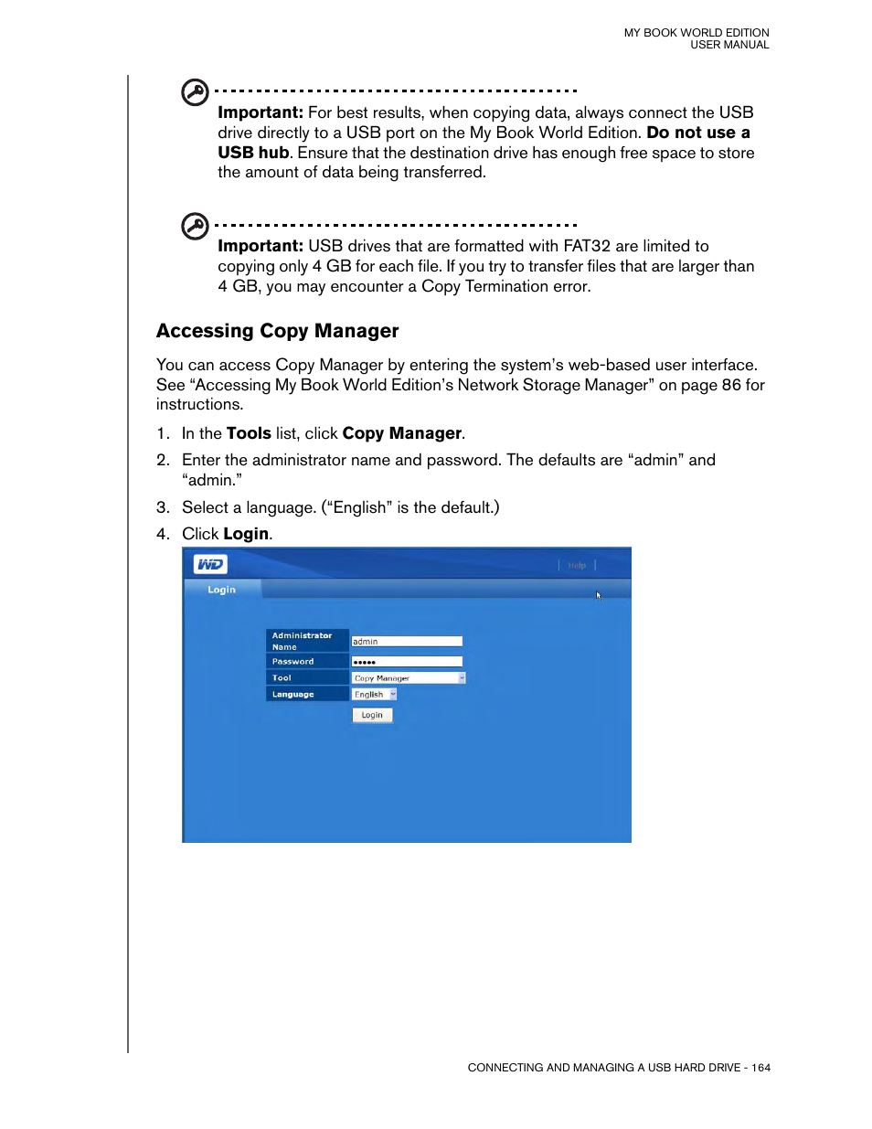 Accessing copy manager | Western Digital My Book World Edition (white light) User Manual User Manual | Page 170 / 198