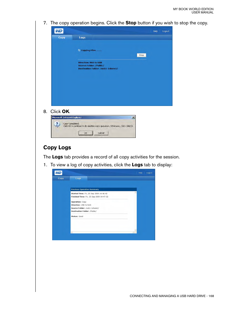 Copy logs | Western Digital My Book World Edition (white light) User Manual User Manual | Page 174 / 198