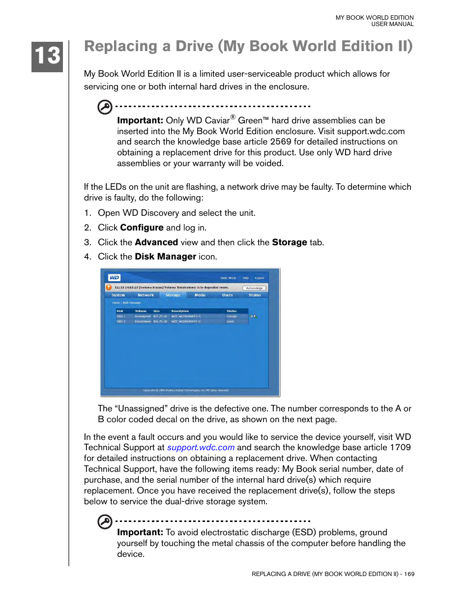 Replacing a drive (my book world edition ii) | Western Digital My Book World Edition (white light) User Manual User Manual | Page 175 / 198