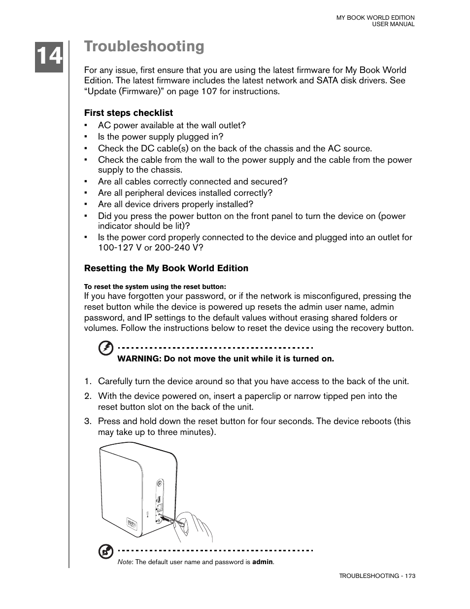 Troubleshooting, First steps checklist, Resetting the my book world edition | Western Digital My Book World Edition (white light) User Manual User Manual | Page 179 / 198