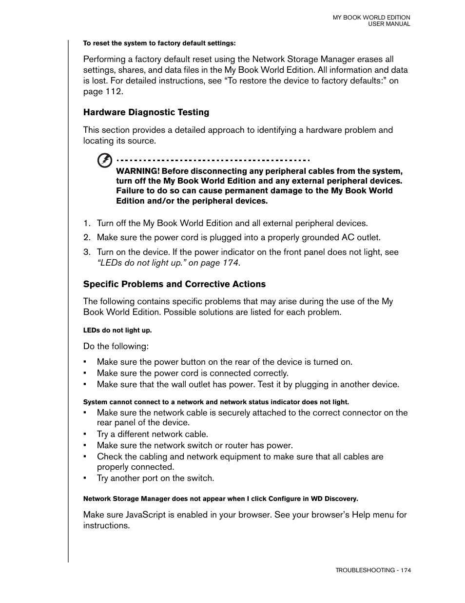 Hardware diagnostic testing, Specific problems and corrective actions | Western Digital My Book World Edition (white light) User Manual User Manual | Page 180 / 198