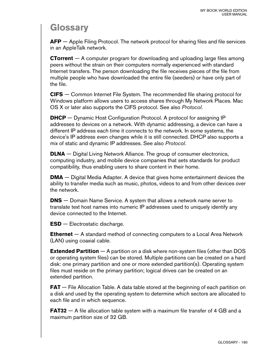 Glossary | Western Digital My Book World Edition (white light) User Manual User Manual | Page 186 / 198