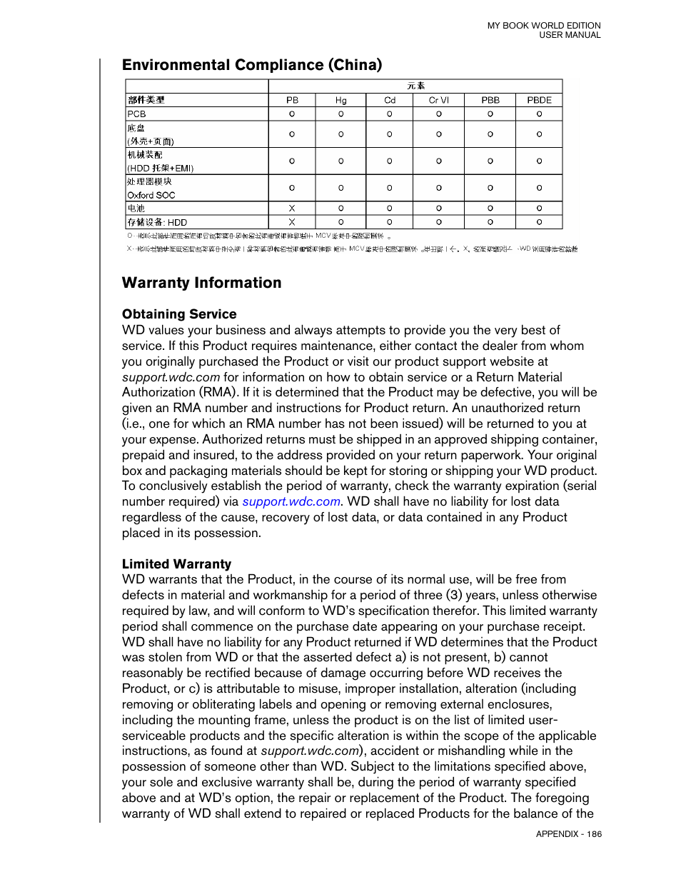 Environmental compliance (china), Warranty information, Obtaining service | Limited warranty | Western Digital My Book World Edition (white light) User Manual User Manual | Page 192 / 198