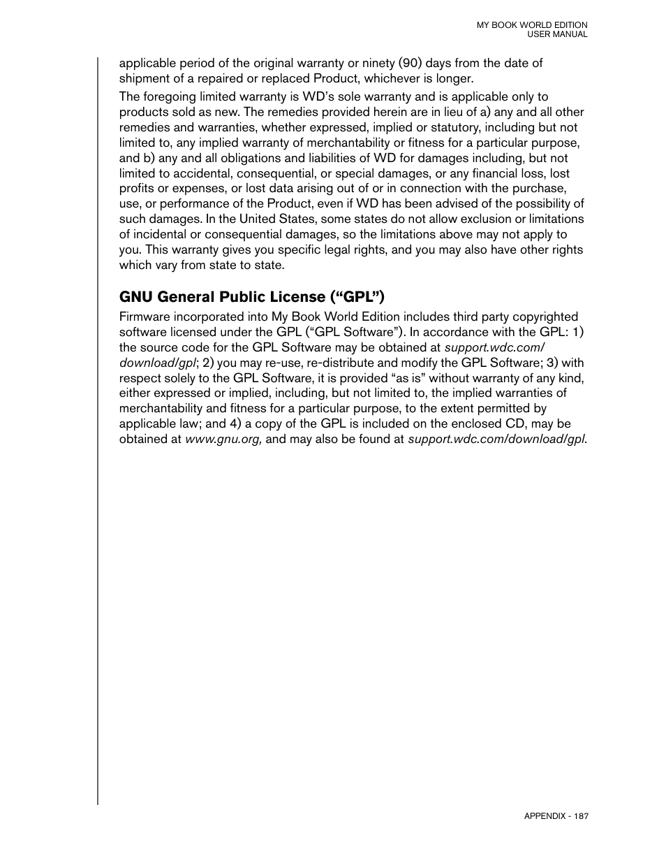 Gnu general public license (“gpl”) | Western Digital My Book World Edition (white light) User Manual User Manual | Page 193 / 198