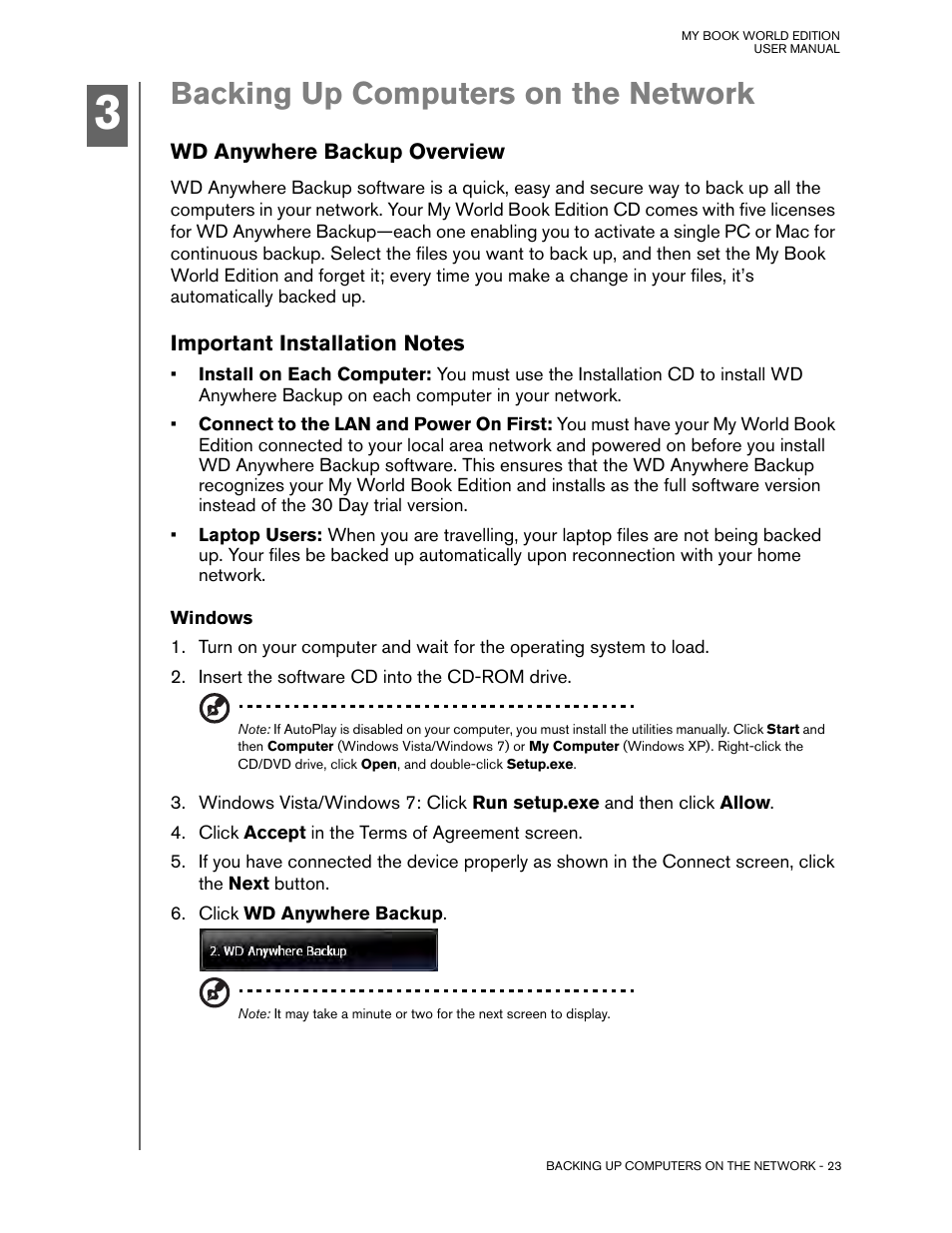 Backing up computers on the network, Wd anywhere backup overview, Important installation notes | Windows | Western Digital My Book World Edition (white light) User Manual User Manual | Page 29 / 198