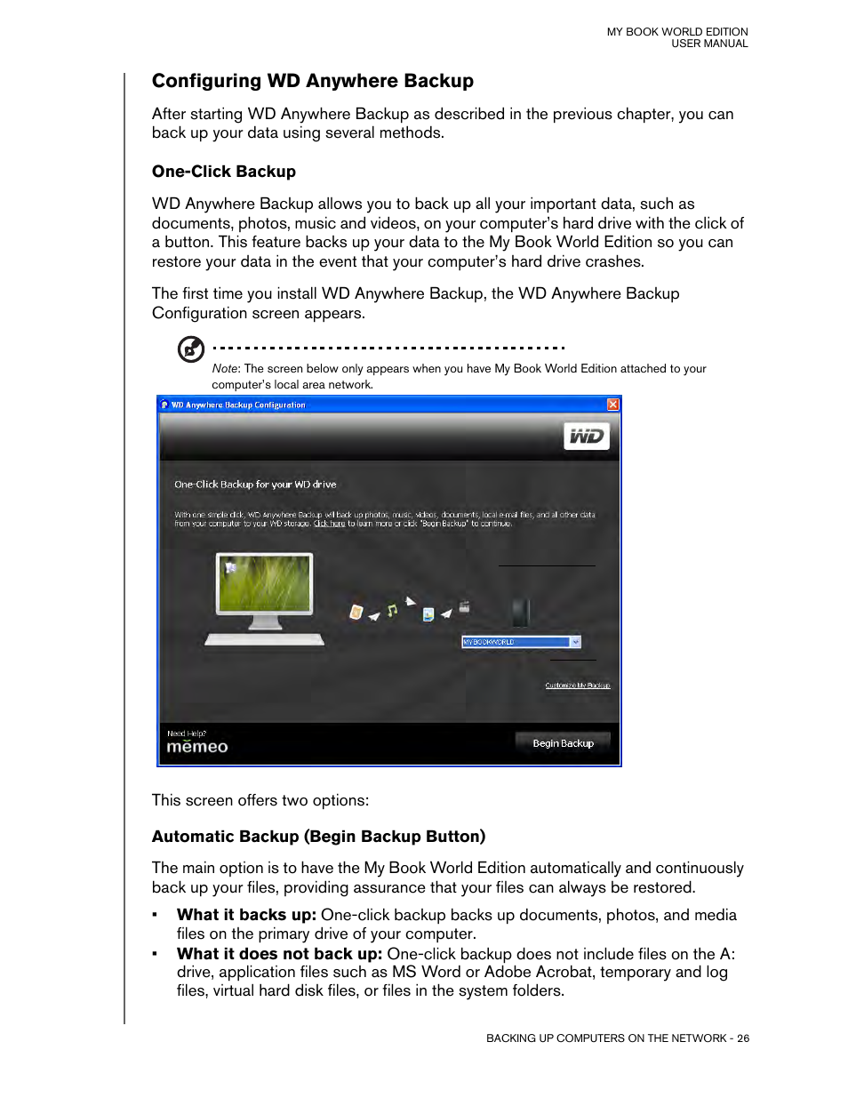 Configuring wd anywhere backup, One-click backup, Automatic backup (begin backup button) | Western Digital My Book World Edition (white light) User Manual User Manual | Page 32 / 198