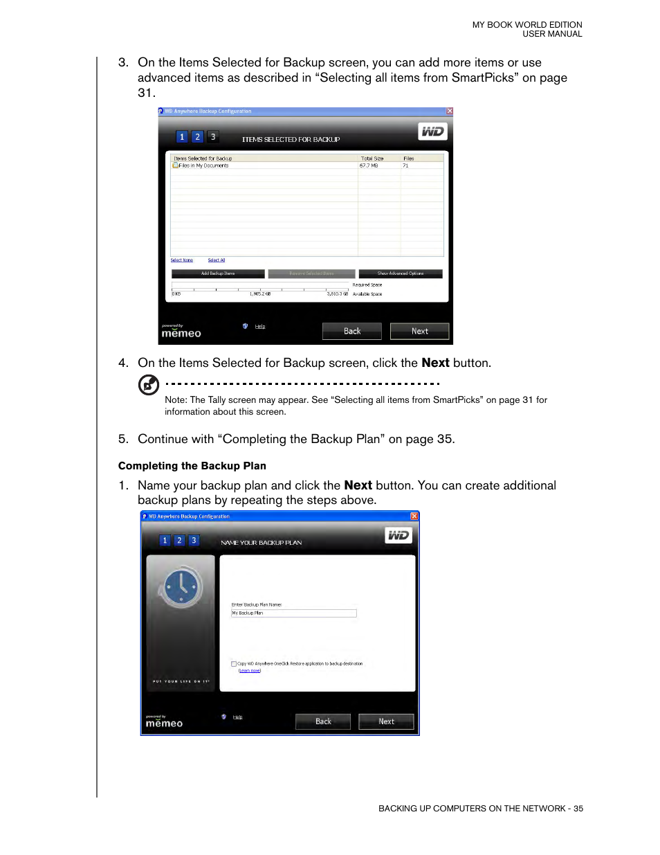 Completing the backup plan | Western Digital My Book World Edition (white light) User Manual User Manual | Page 41 / 198