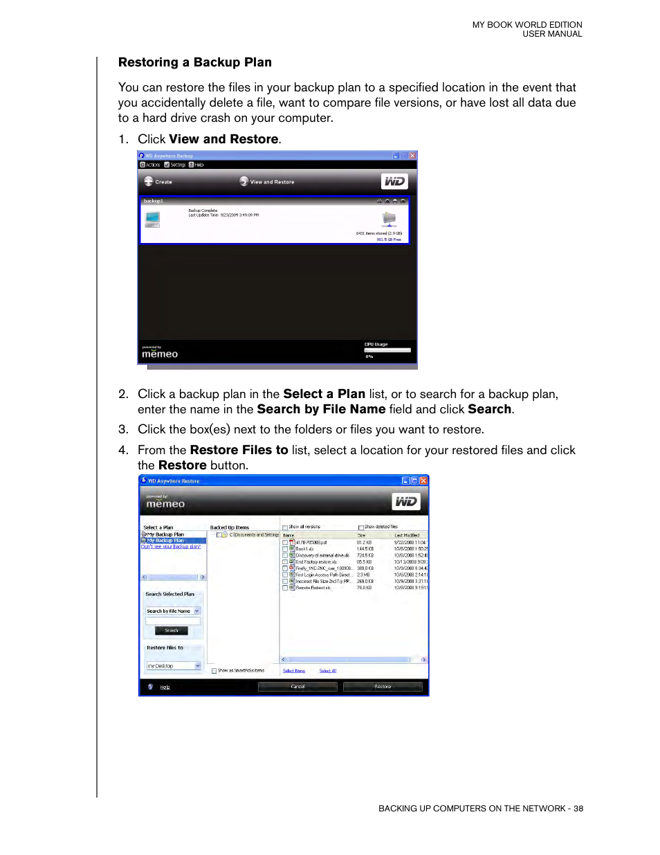 Restoring a backup plan | Western Digital My Book World Edition (white light) User Manual User Manual | Page 44 / 198