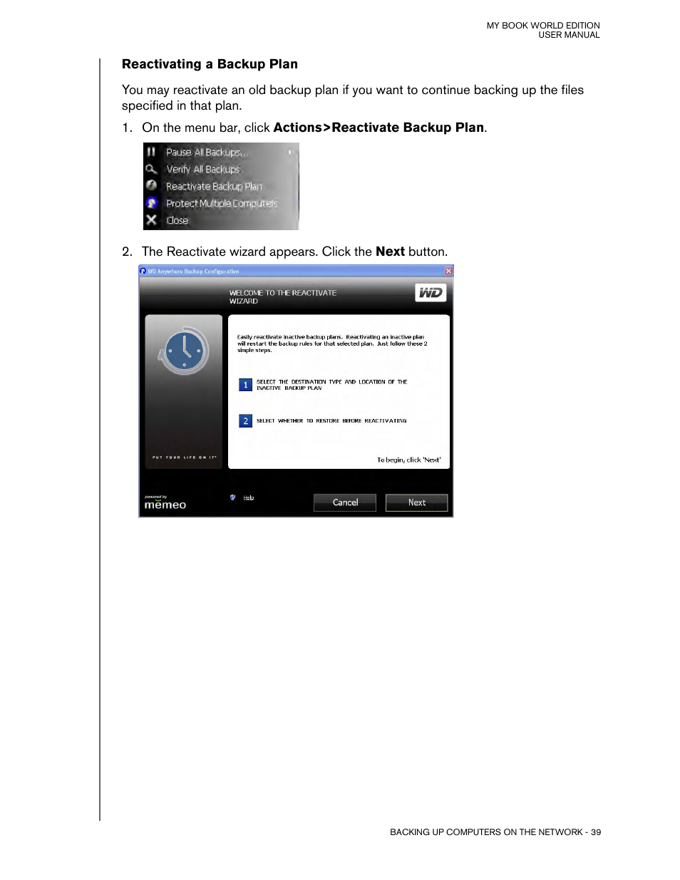 Reactivating a backup plan | Western Digital My Book World Edition (white light) User Manual User Manual | Page 45 / 198