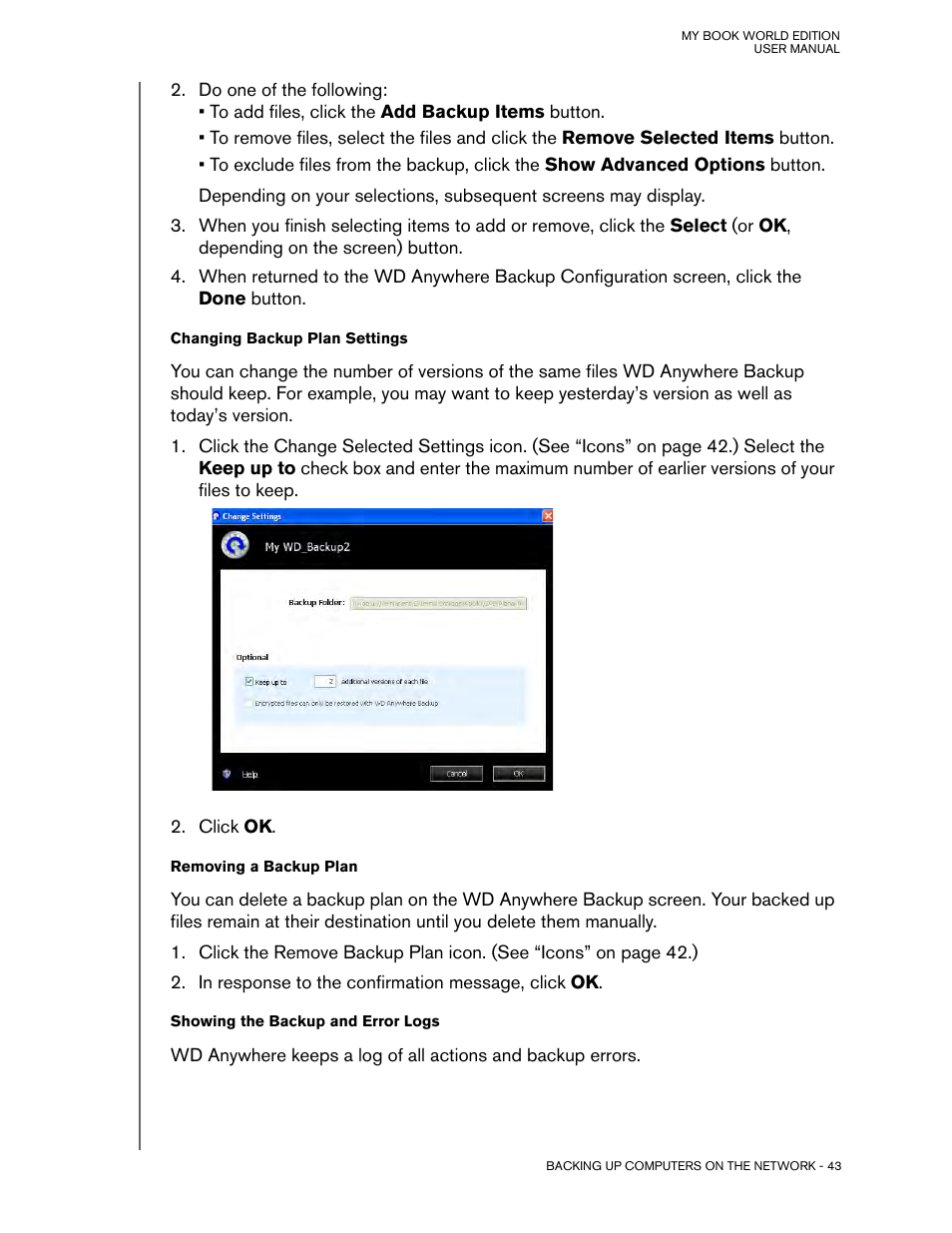 Changing backup plan settings, Removing a backup plan, Showing the backup and error logs | Western Digital My Book World Edition (white light) User Manual User Manual | Page 49 / 198