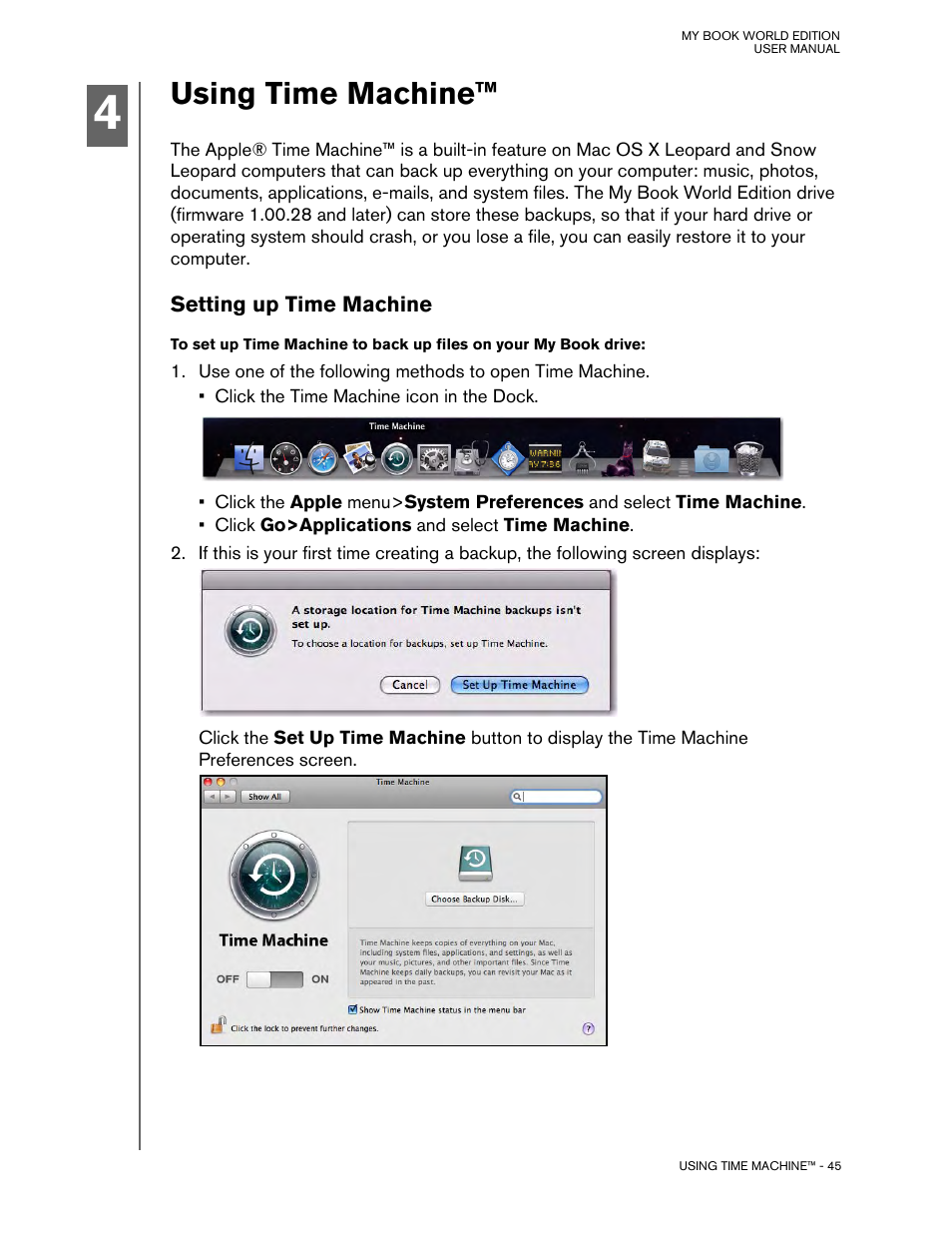 Using time machine, Setting up time machine | Western Digital My Book World Edition (white light) User Manual User Manual | Page 51 / 198