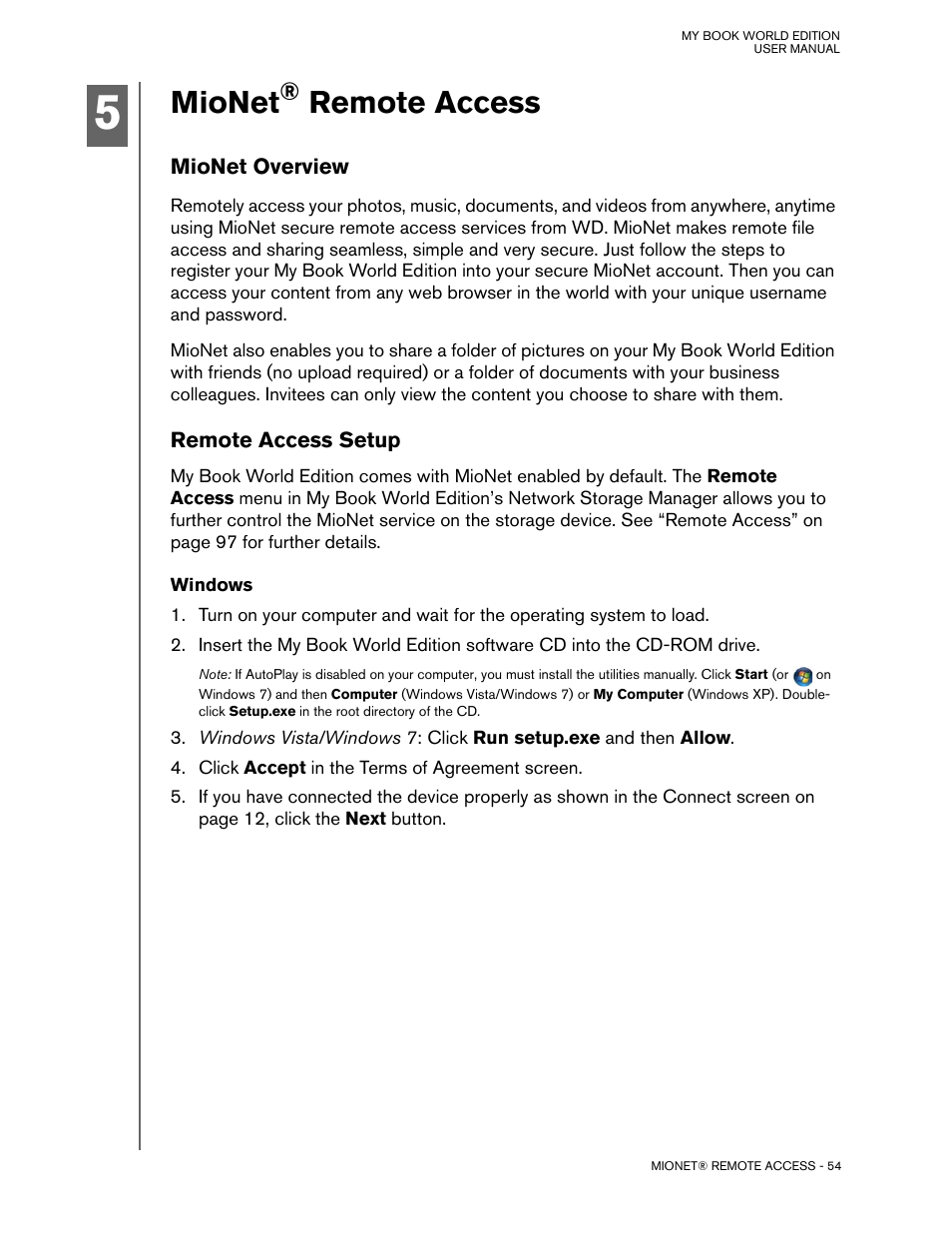 Mionet® remote access, Mionet overview, Remote access setup | Windows, Mionet, Remote access | Western Digital My Book World Edition (white light) User Manual User Manual | Page 60 / 198