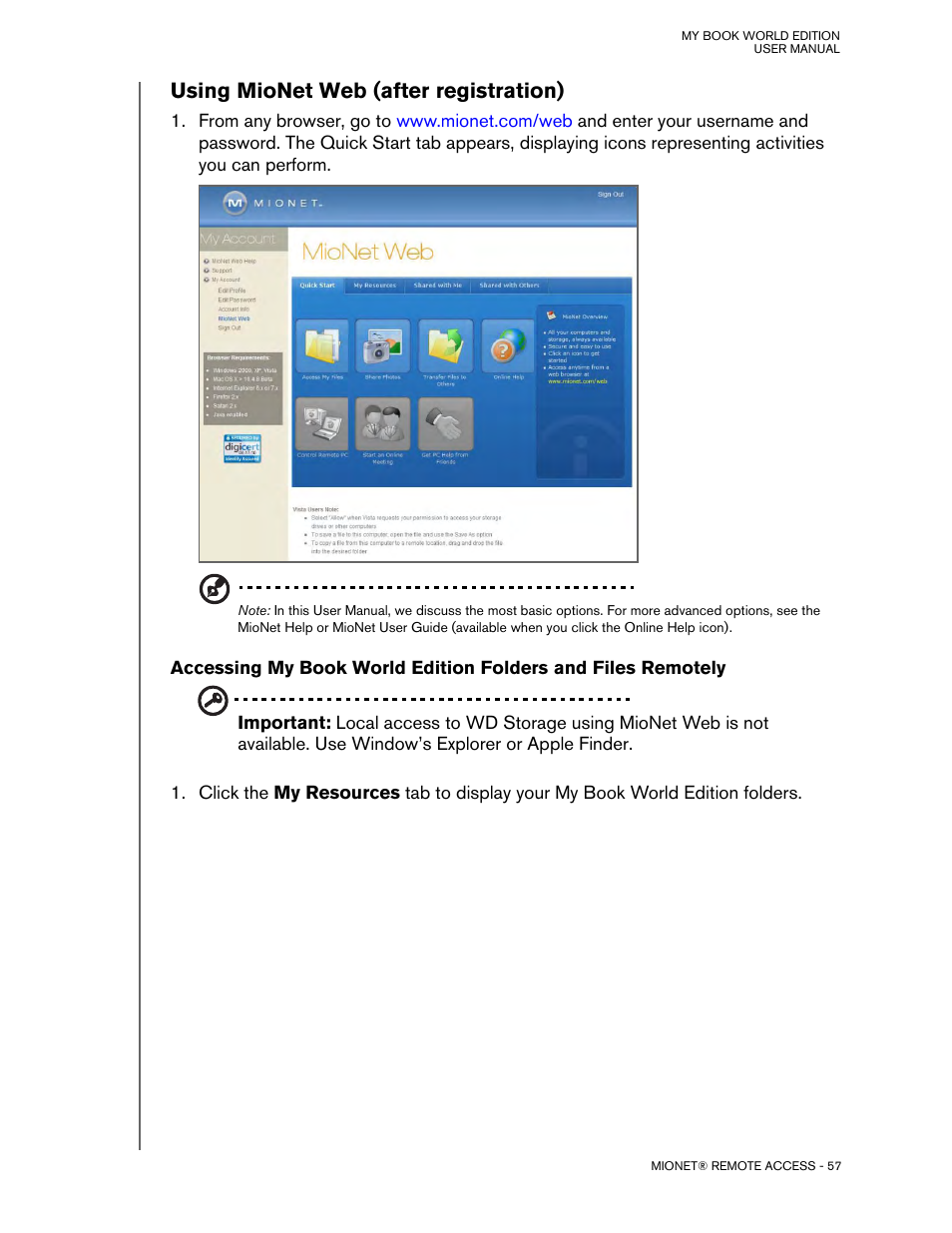 Using mionet web (after registration) | Western Digital My Book World Edition (white light) User Manual User Manual | Page 63 / 198