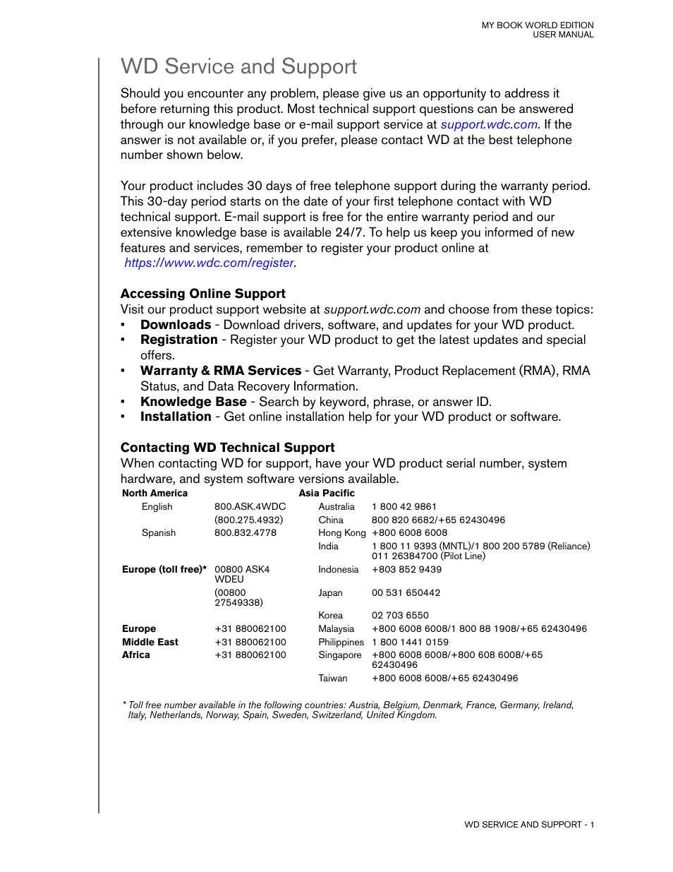 Wd service and support, Accessing online support, Contacting wd technical support | Western Digital My Book World Edition (white light) User Manual User Manual | Page 7 / 198