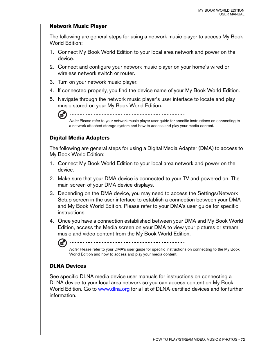 Network music player, Digital media adapters, Dlna devices | Western Digital My Book World Edition (white light) User Manual User Manual | Page 78 / 198