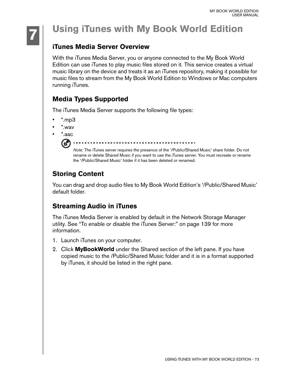 Using itunes with my book world edition, Itunes media server overview, Media types supported | Storing content, Streaming audio in itunes | Western Digital My Book World Edition (white light) User Manual User Manual | Page 79 / 198