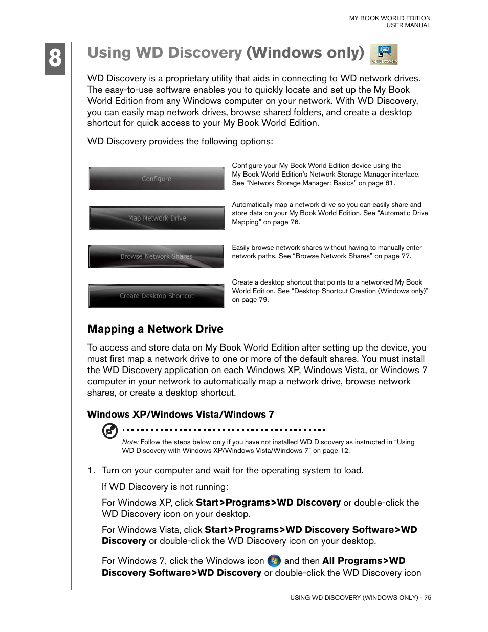 Using wd discovery (windows only), Mapping a network drive, Windows xp/windows vista/windows 7 | Western Digital My Book World Edition (white light) User Manual User Manual | Page 81 / 198