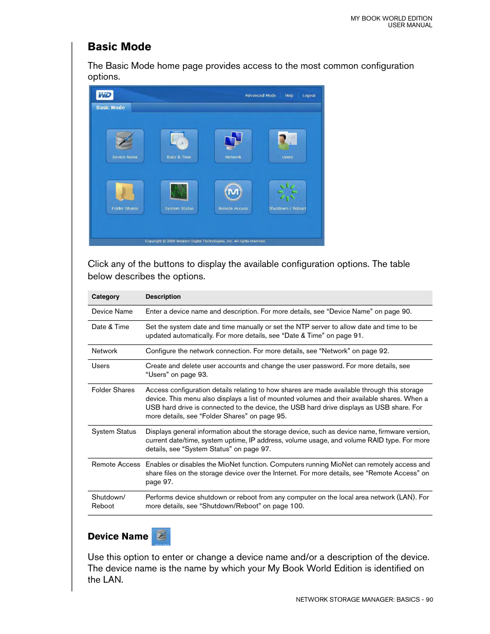 Basic mode, Device name | Western Digital My Book World Edition (white light) User Manual User Manual | Page 96 / 198