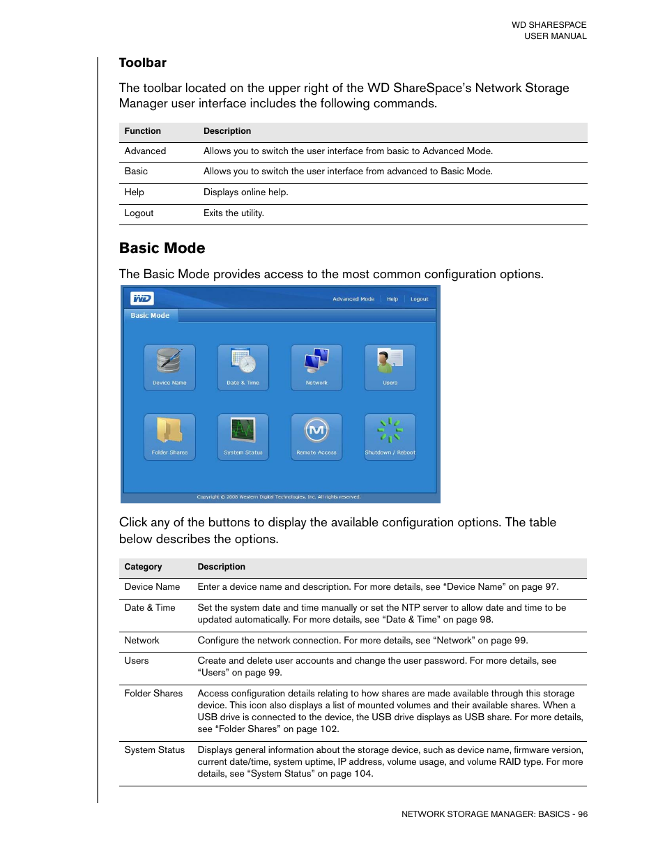 Toolbar, Basic mode | Western Digital WD ShareSpace User Manual User Manual | Page 101 / 207