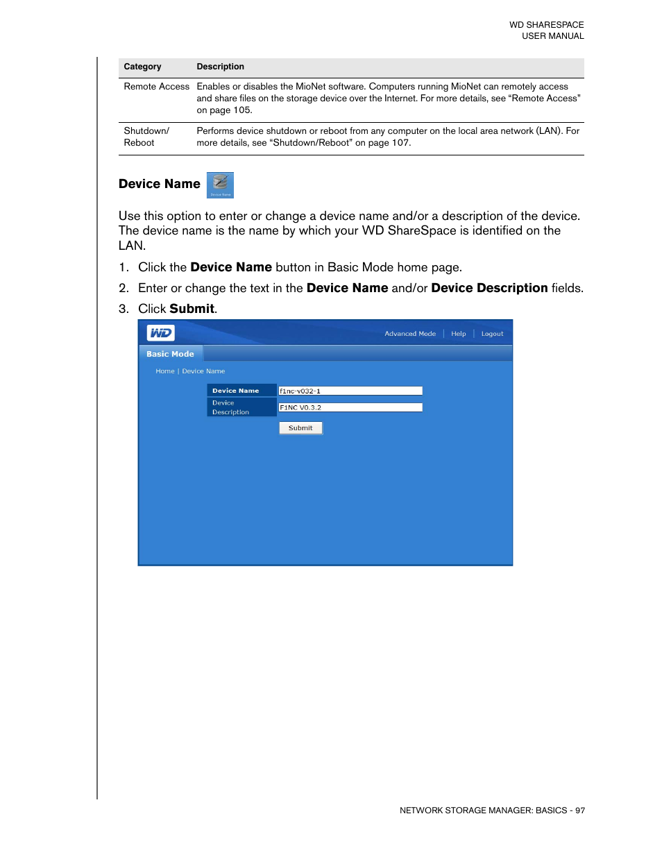 Device name, Click submit | Western Digital WD ShareSpace User Manual User Manual | Page 102 / 207