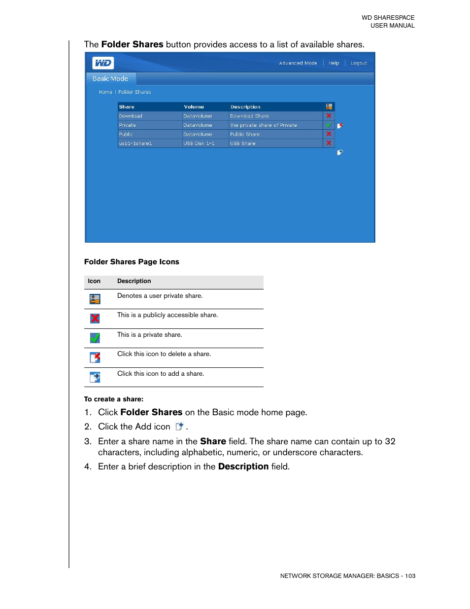 To create a share, Click the add icon, Enter a brief description in the description field | Western Digital WD ShareSpace User Manual User Manual | Page 108 / 207