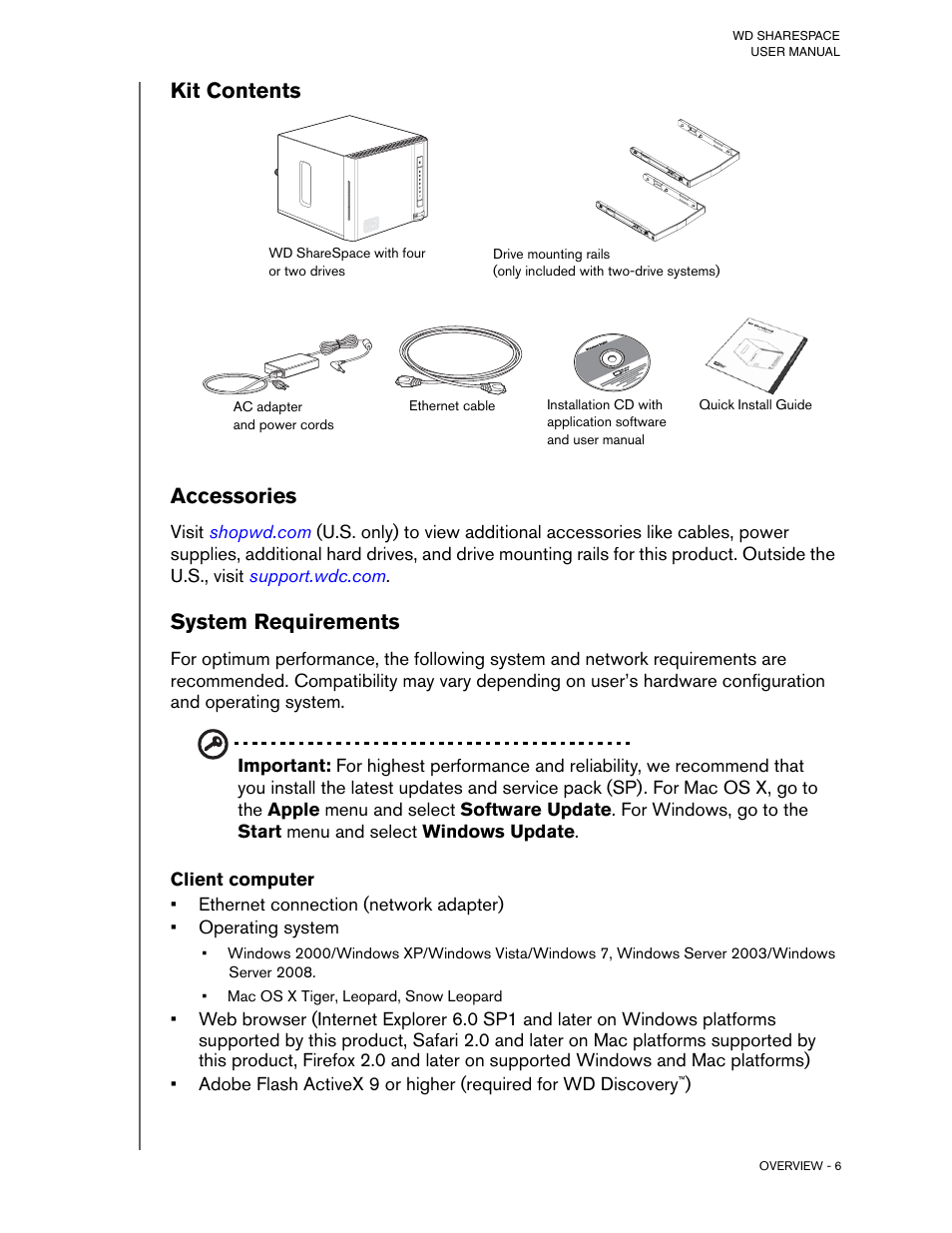 Kit contents, Accessories, System requirements | Client computer, Kit contents accessories | Western Digital WD ShareSpace User Manual User Manual | Page 11 / 207