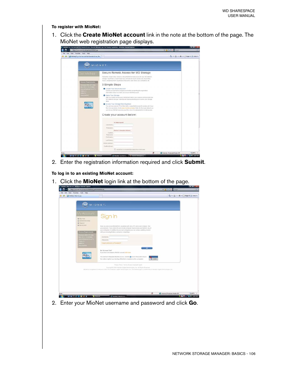 To register with mionet, To log in to an existing mionet account | Western Digital WD ShareSpace User Manual User Manual | Page 111 / 207