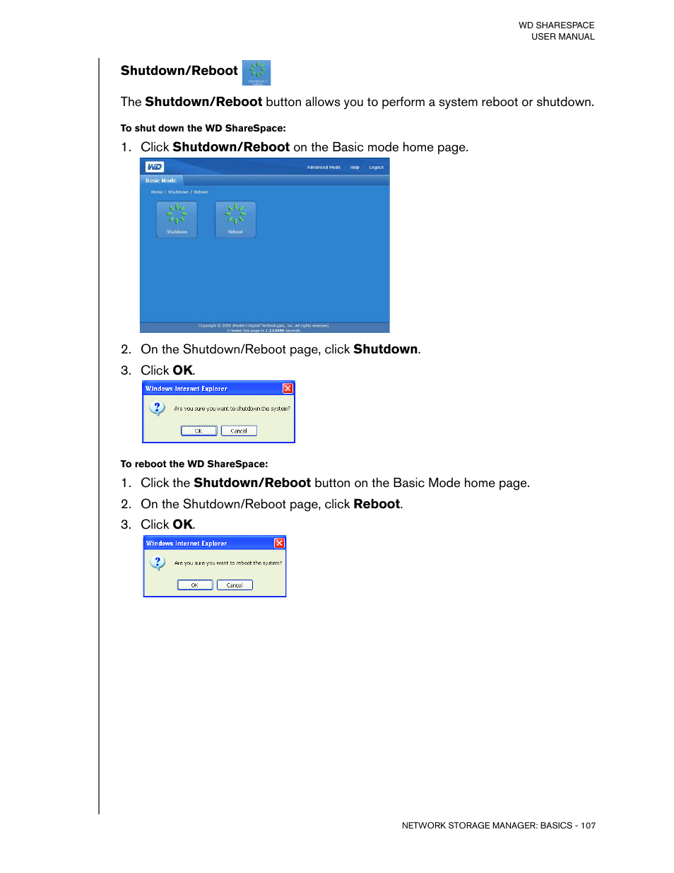 Shutdown/reboot, To shut down the wd sharespace, Click ok | To reboot the wd sharespace | Western Digital WD ShareSpace User Manual User Manual | Page 112 / 207