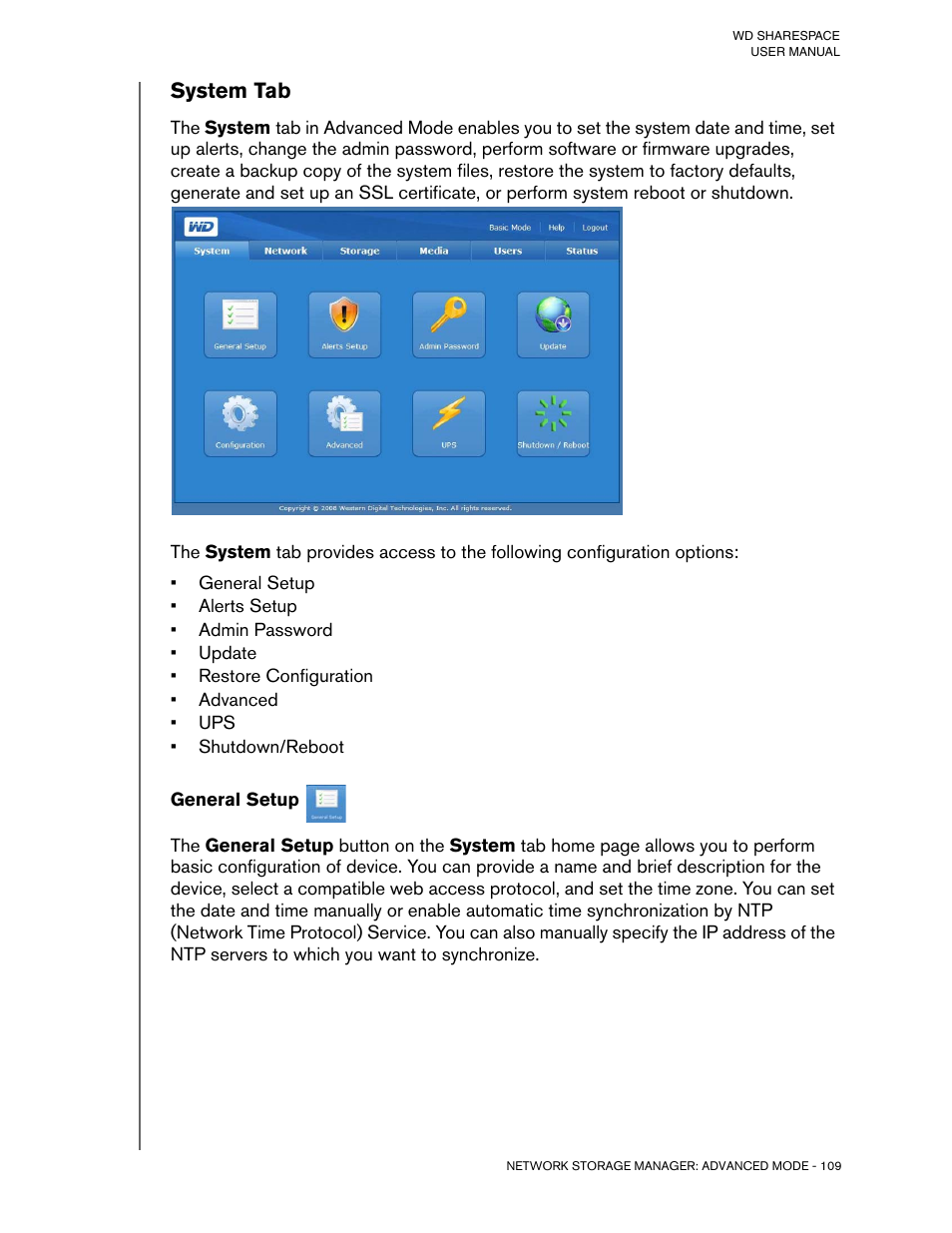 System tab, General setup | Western Digital WD ShareSpace User Manual User Manual | Page 114 / 207