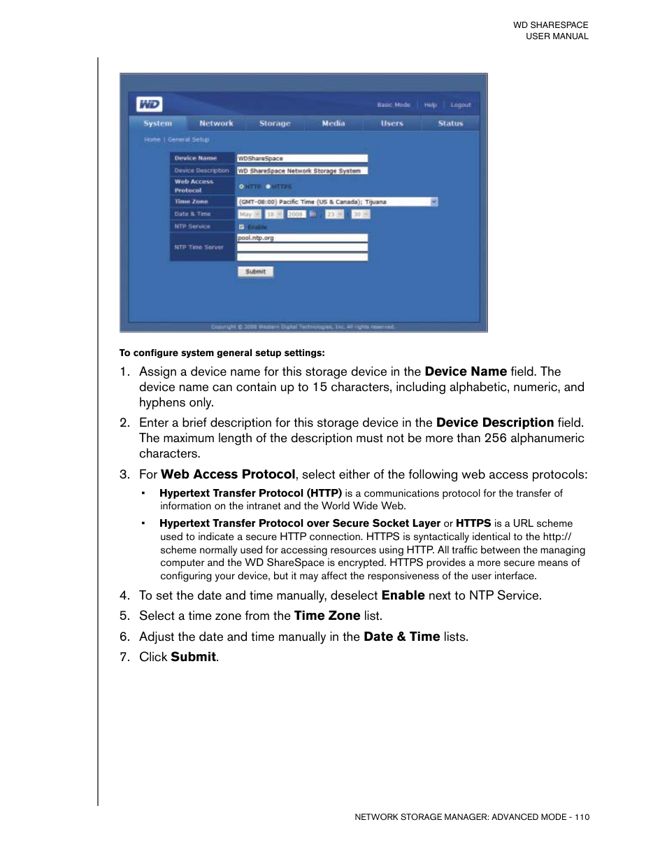 To configure system general setup settings, Select a time zone from the time zone list, Click submit | Western Digital WD ShareSpace User Manual User Manual | Page 115 / 207