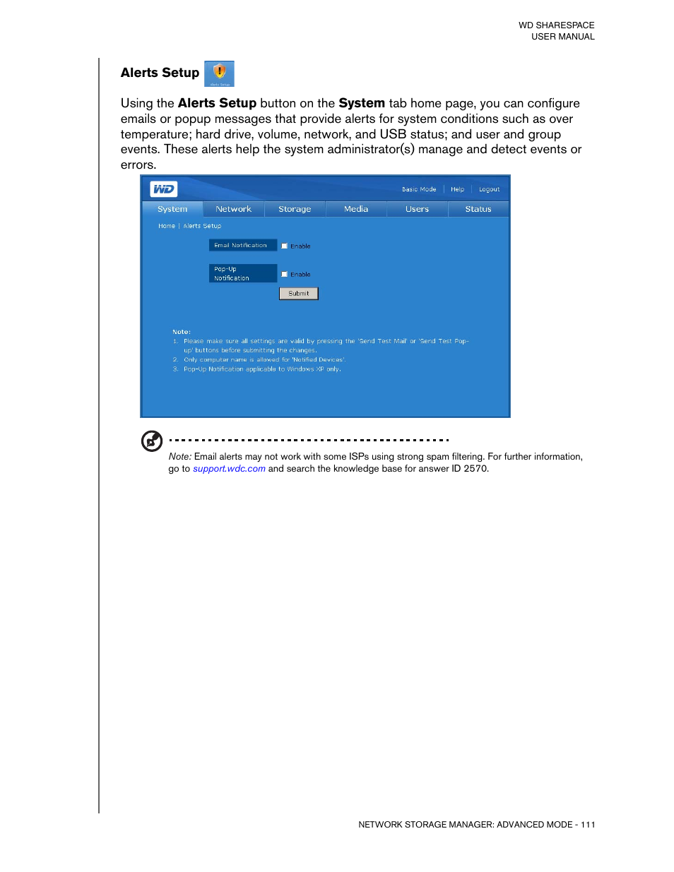 Alerts setup | Western Digital WD ShareSpace User Manual User Manual | Page 116 / 207