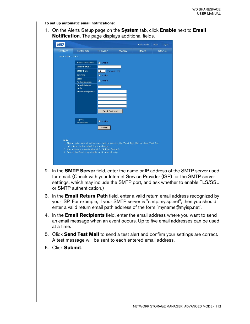 To set up automatic email notifications, Click submit | Western Digital WD ShareSpace User Manual User Manual | Page 117 / 207