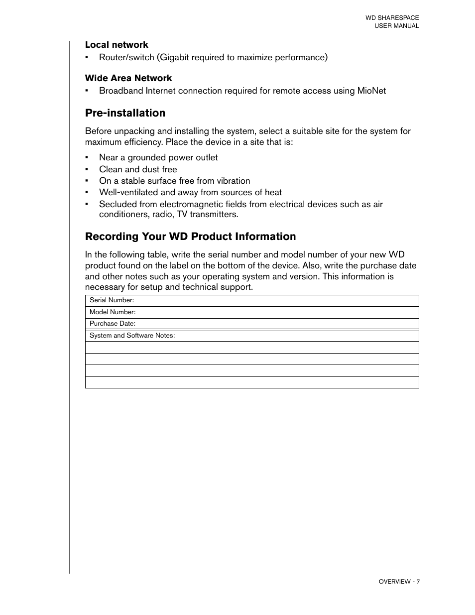 Local network, Wide area network, Pre-installation | Recording your wd product information | Western Digital WD ShareSpace User Manual User Manual | Page 12 / 207