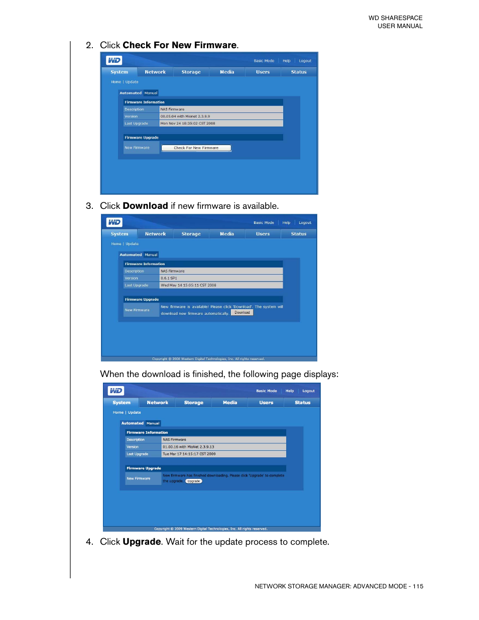 Click check for new firmware, Click download if new firmware is available | Western Digital WD ShareSpace User Manual User Manual | Page 120 / 207