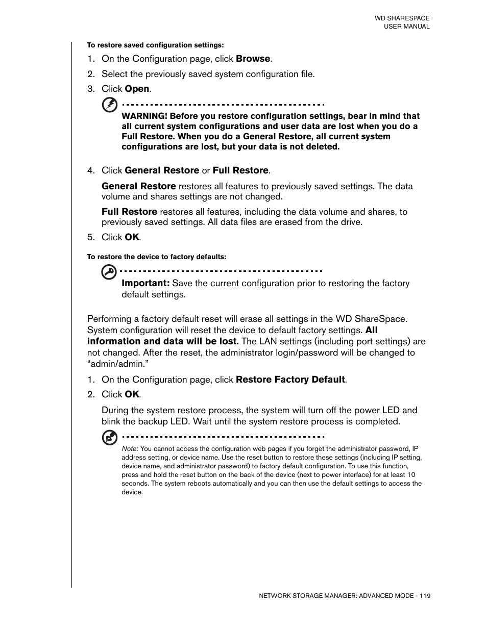 To restore saved configuration settings, Click open, Click general restore or full restore | Click ok, To restore the device to factory defaults | Western Digital WD ShareSpace User Manual User Manual | Page 124 / 207