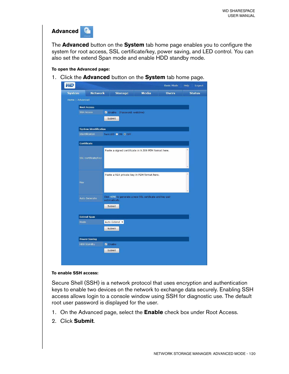 Advanced, To enable ssh access, Click submit | Western Digital WD ShareSpace User Manual User Manual | Page 125 / 207