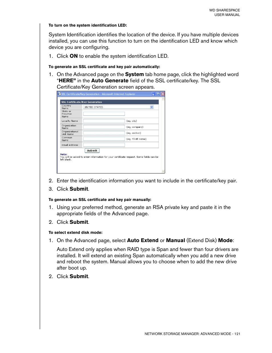 To turn on the system identification led, Click on to enable the system identification led, Click submit | To select extend disk mode | Western Digital WD ShareSpace User Manual User Manual | Page 126 / 207