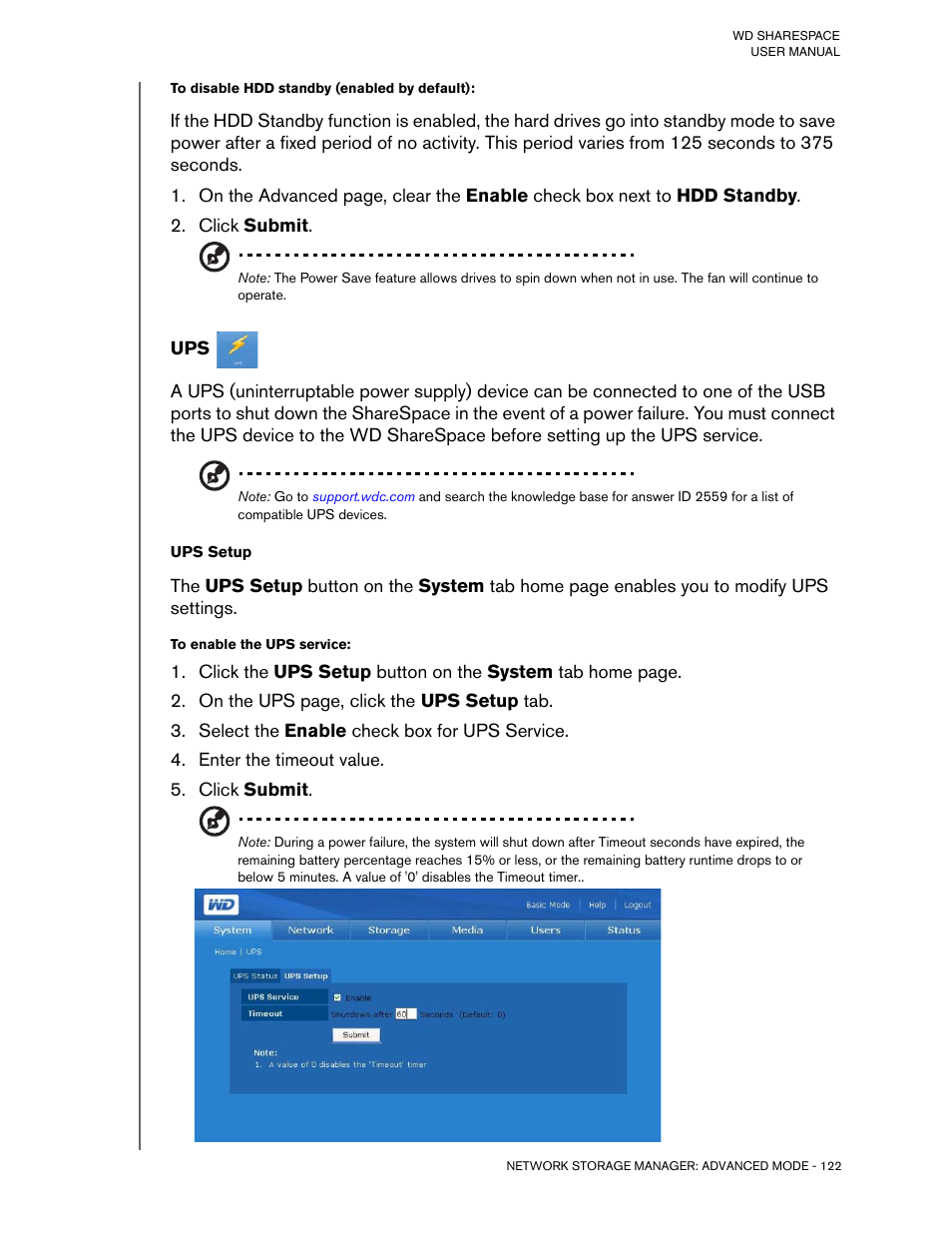 To disable hdd standby (enabled by default), Click submit, To enable the ups service | Select the enable check box for ups service, Enter the timeout value | Western Digital WD ShareSpace User Manual User Manual | Page 127 / 207