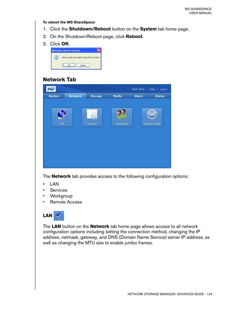 To reboot the wd sharespace, Click ok, Network tab | Western Digital WD ShareSpace User Manual User Manual | Page 129 / 207