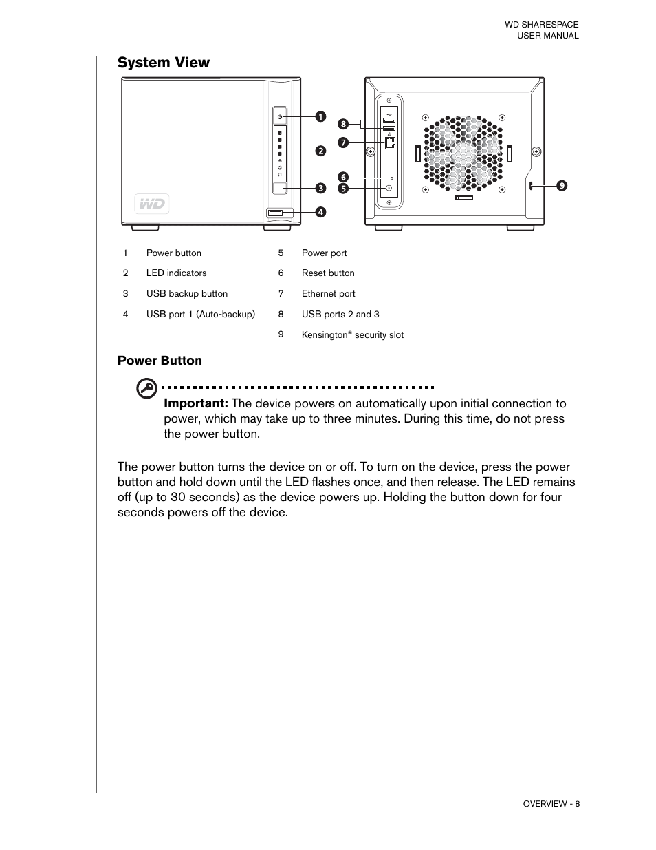 System view, Power button | Western Digital WD ShareSpace User Manual User Manual | Page 13 / 207