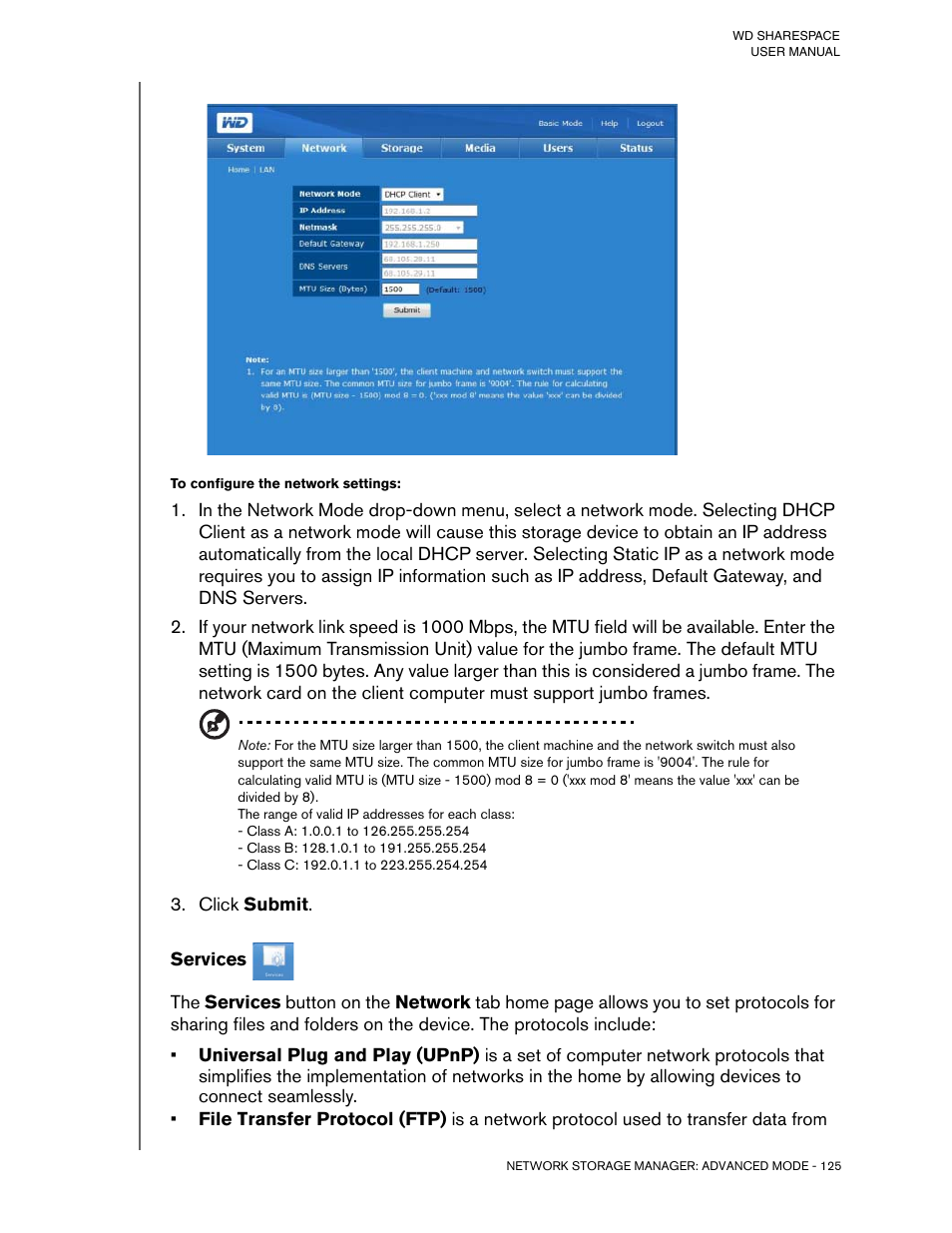 To configure the network settings, Click submit, Services | Western Digital WD ShareSpace User Manual User Manual | Page 130 / 207