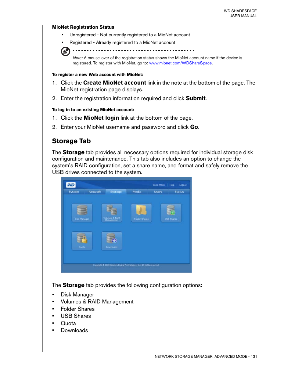 To register a new web account with mionet, To log in to an existing mionet account, Storage tab | Western Digital WD ShareSpace User Manual User Manual | Page 136 / 207
