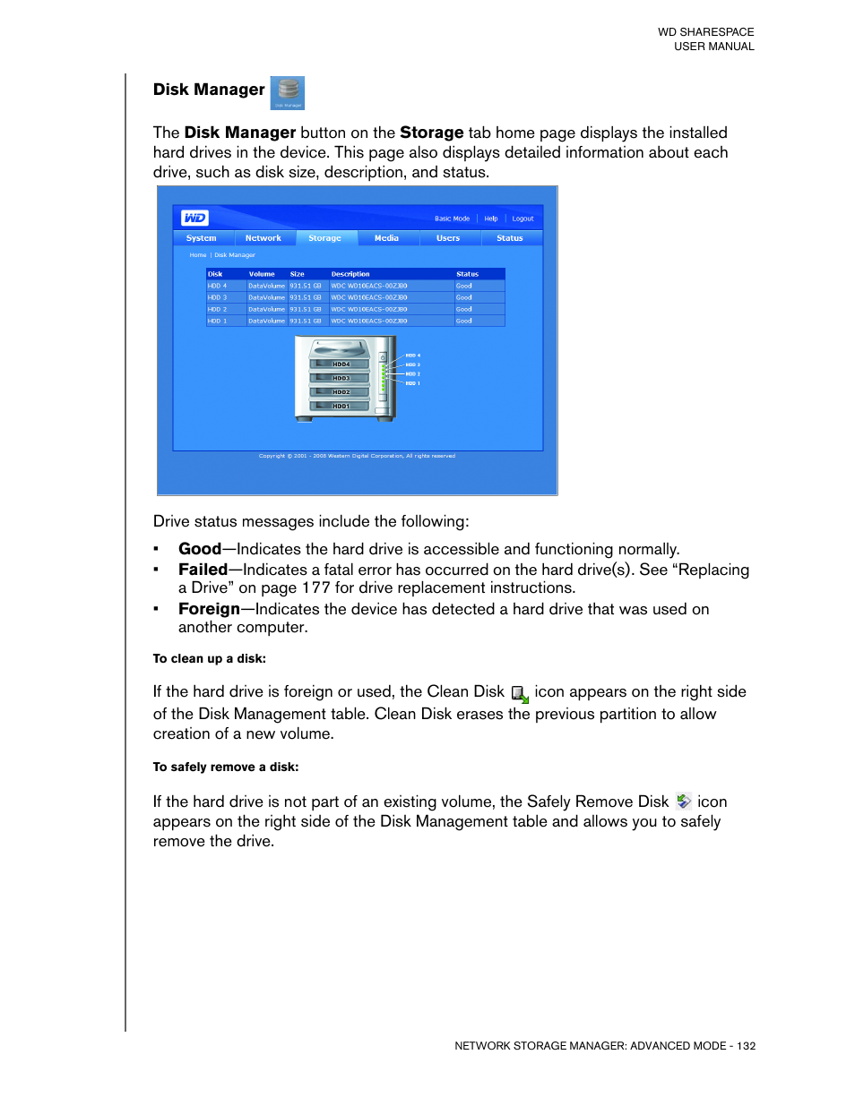 Disk manager, To clean up a disk, To safely remove a disk | Western Digital WD ShareSpace User Manual User Manual | Page 137 / 207