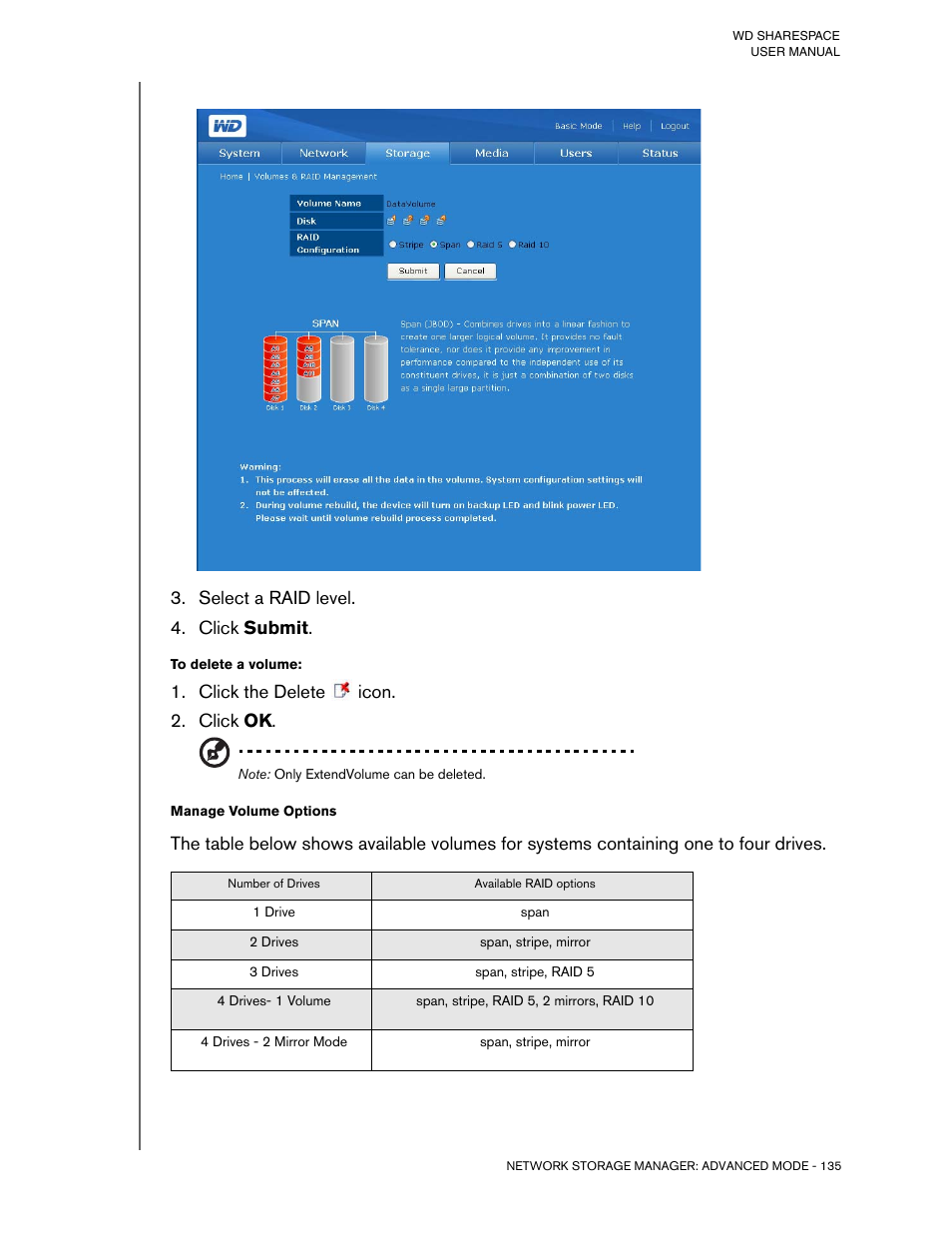 Select a raid level, Click submit, To delete a volume | Click the delete icon, Click ok, Manage volume options | Western Digital WD ShareSpace User Manual User Manual | Page 140 / 207