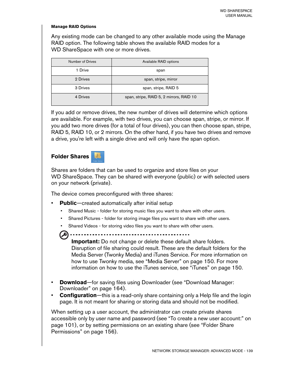 Manage raid options, Folder shares | Western Digital WD ShareSpace User Manual User Manual | Page 144 / 207