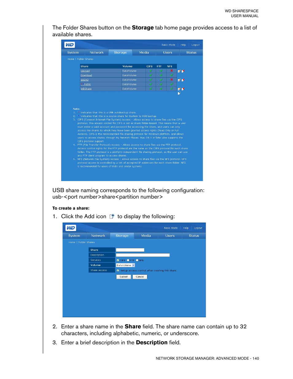 To create a share, Click the add icon to display the following, Enter a brief description in the description field | Western Digital WD ShareSpace User Manual User Manual | Page 145 / 207