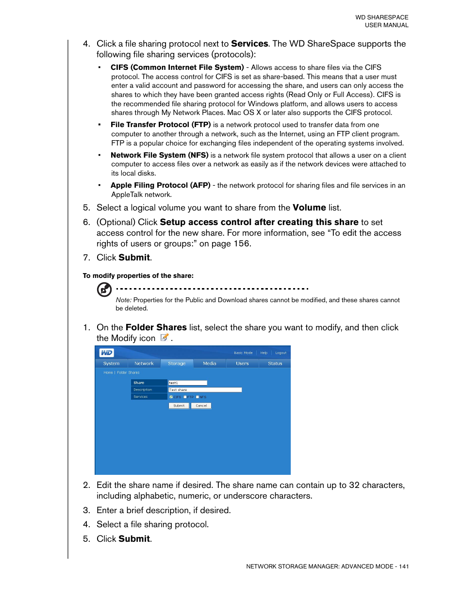 Click submit, To modify properties of the share, Enter a brief description, if desired | Select a file sharing protocol | Western Digital WD ShareSpace User Manual User Manual | Page 146 / 207