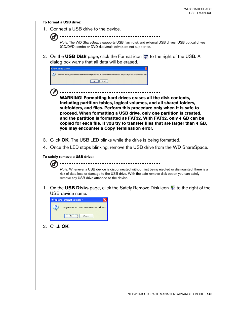 To format a usb drive, Connect a usb drive to the device, To safely remove a usb drive | Click ok | Western Digital WD ShareSpace User Manual User Manual | Page 148 / 207