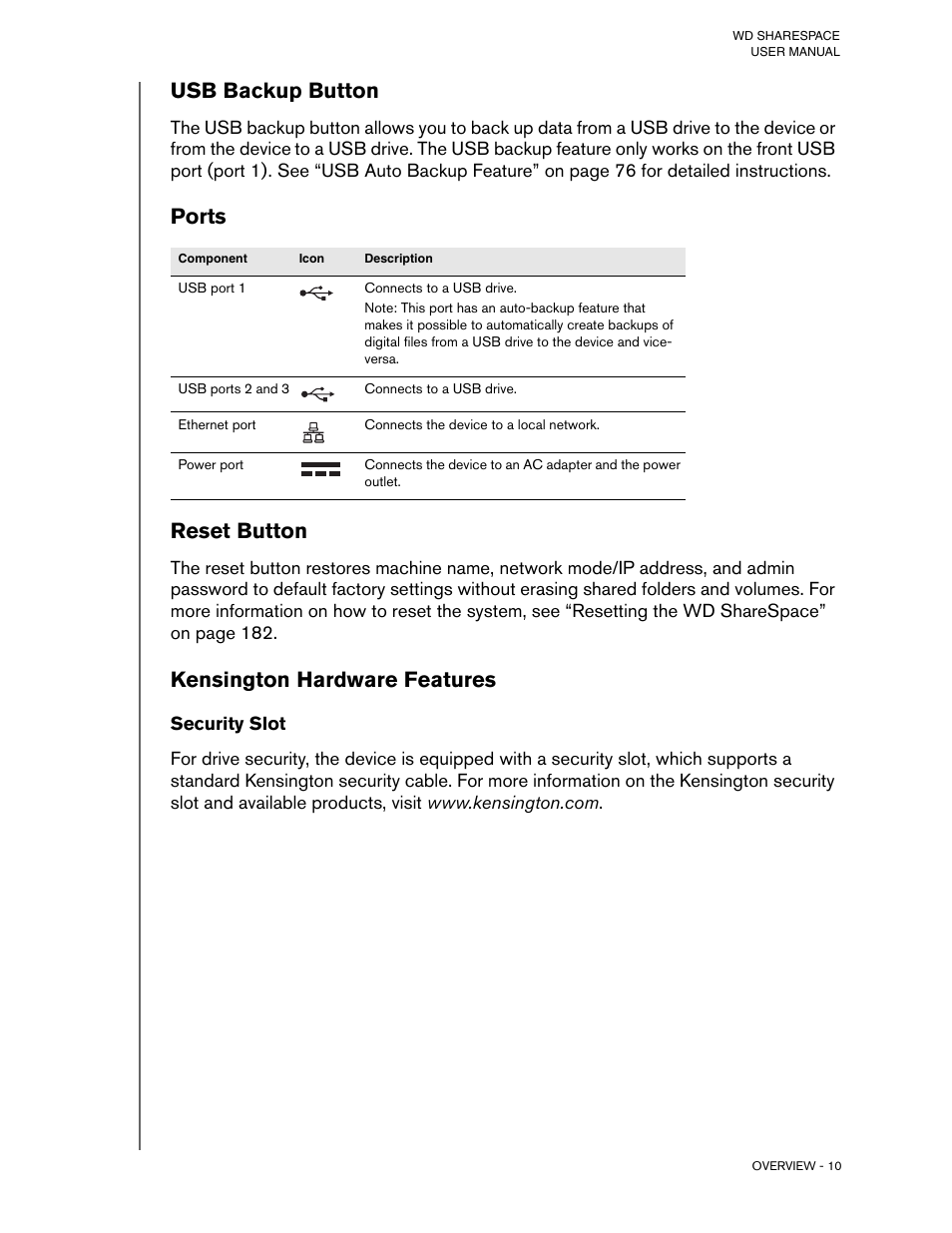Usb backup button, Ports, Reset button | Kensington hardware features, Security slot | Western Digital WD ShareSpace User Manual User Manual | Page 15 / 207