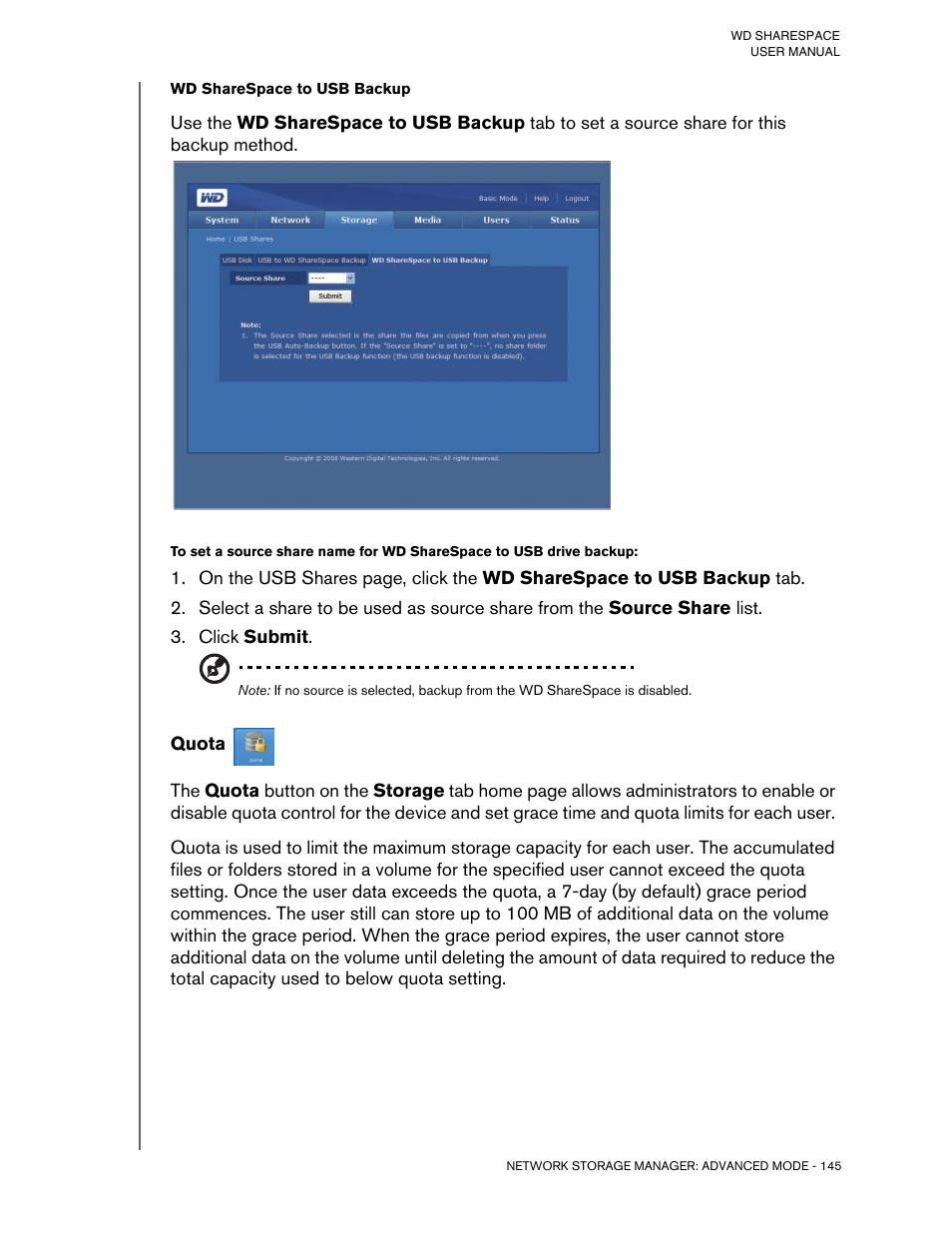 Click submit, Quota | Western Digital WD ShareSpace User Manual User Manual | Page 150 / 207